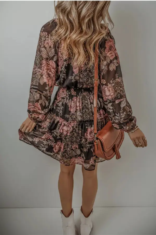 Textured Detail Floral Printed Mini Dress