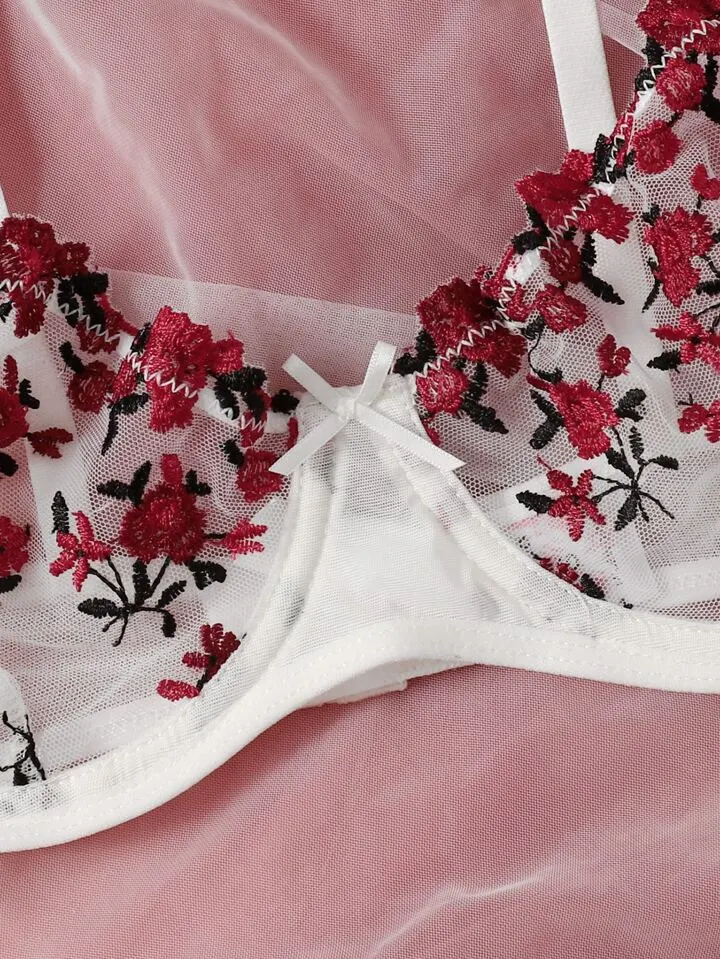 Textured Floral Embroidered Lingerie Set