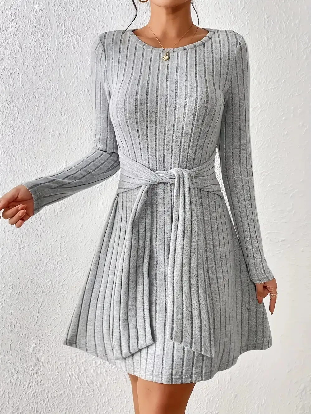 Ribbed Knit Tie Waist Sweater Dress