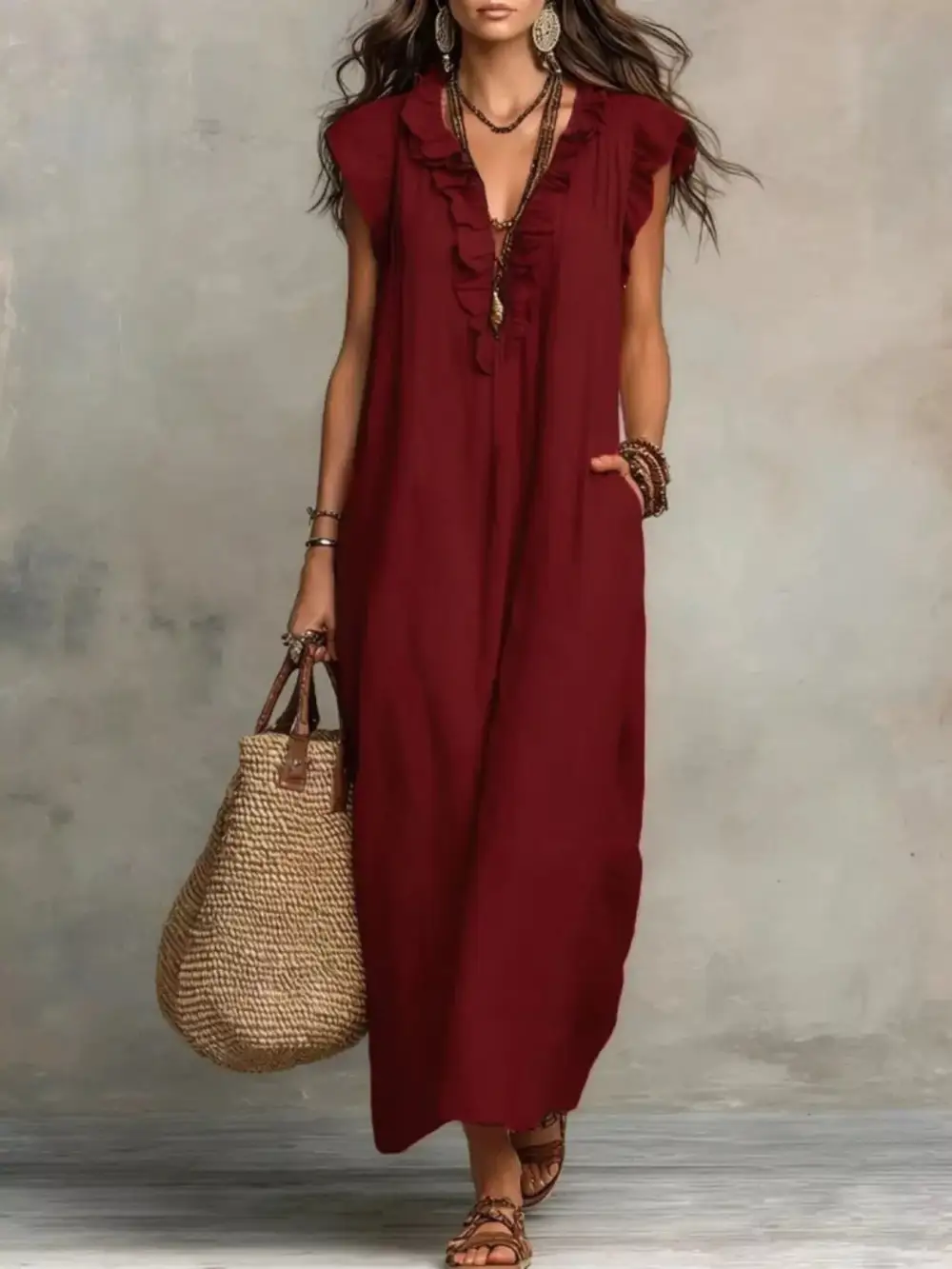 V-Neck Pocketed Maxi Dress