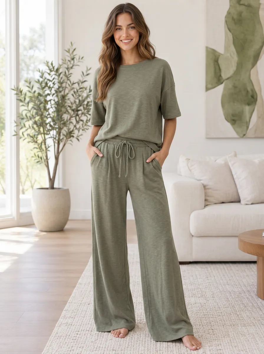 Women's Drawstring Softly Styled Wide Leg Lounge Set