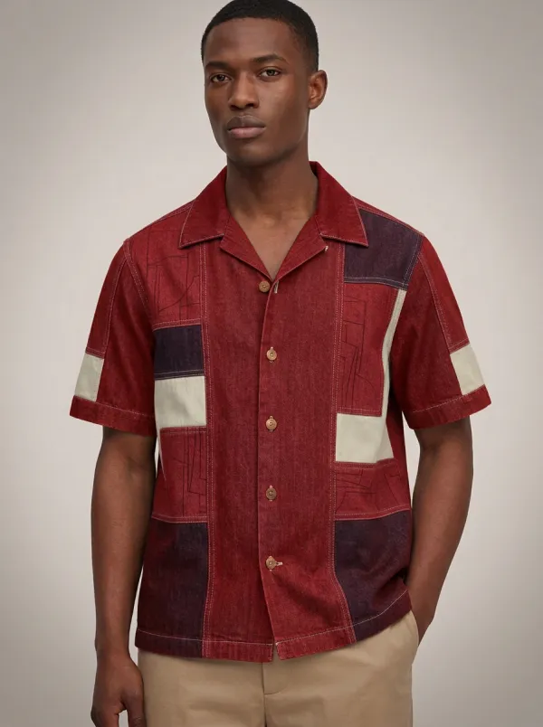 Men's Geometric Patchwork Pattern Everyday Short Sleeve Denim Shirt