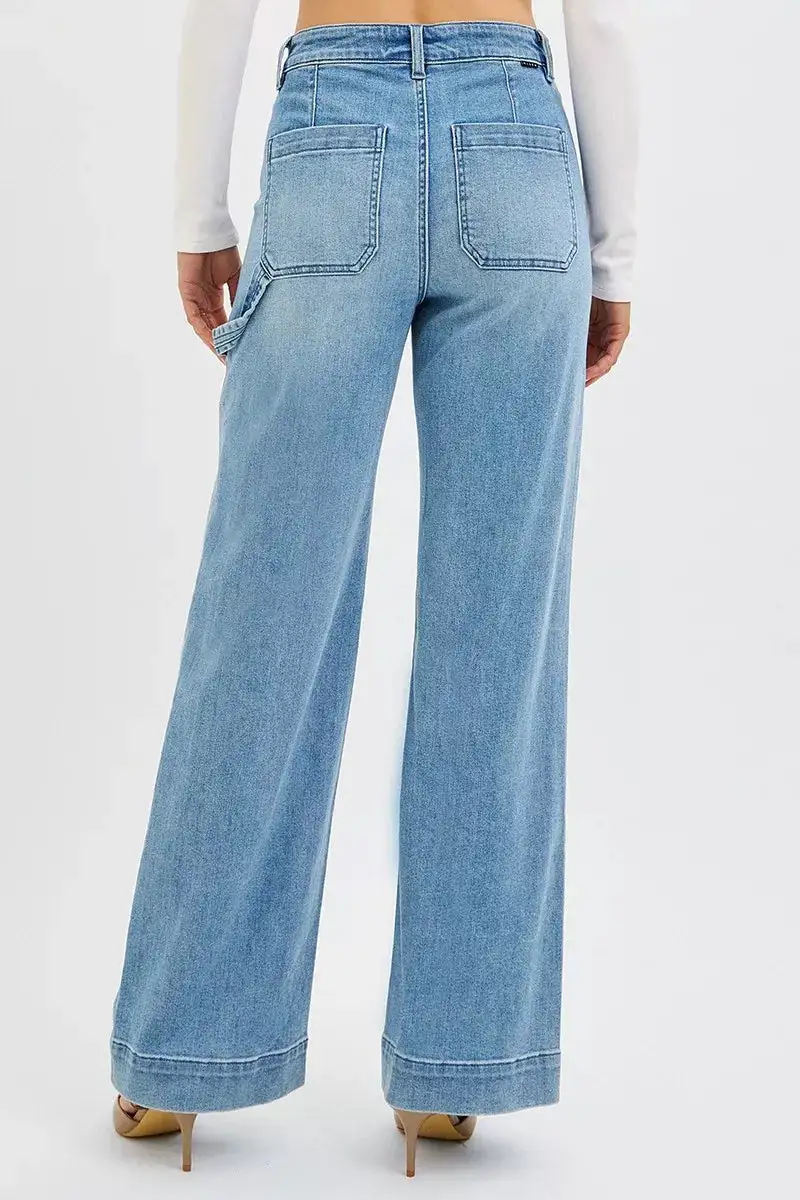 Tailored High-Rise Washed Pocketed Stretch Straight Leg Jeans