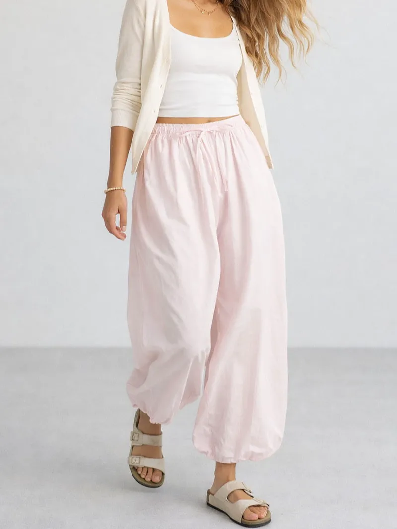 Solid Color Elastic Waist Drawstring Lantern Pants