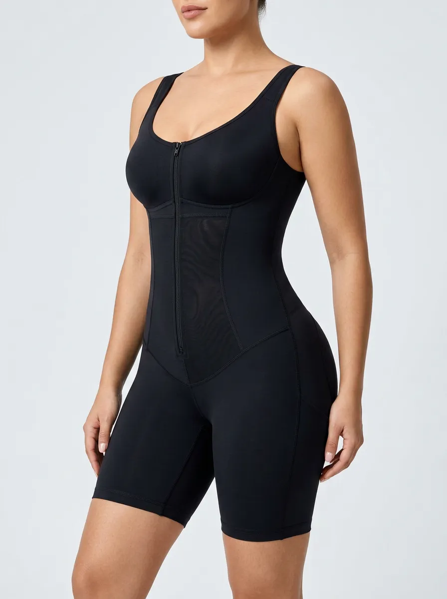 Women's Tummy Control Mesh Panel Zippered Bodysuit Shapewear