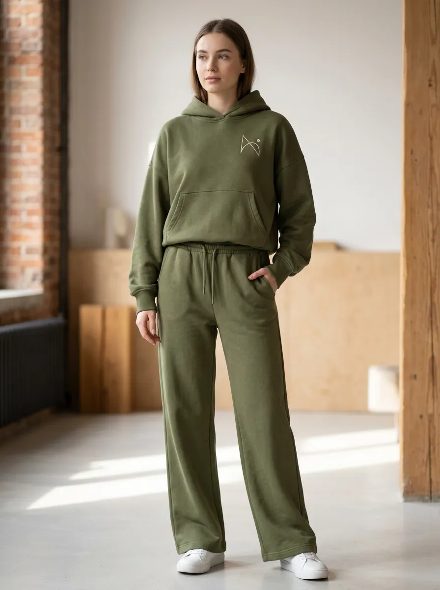 Women's Minimalist A5 Logo Olive Green Printed Hoodie Sweatpants Set