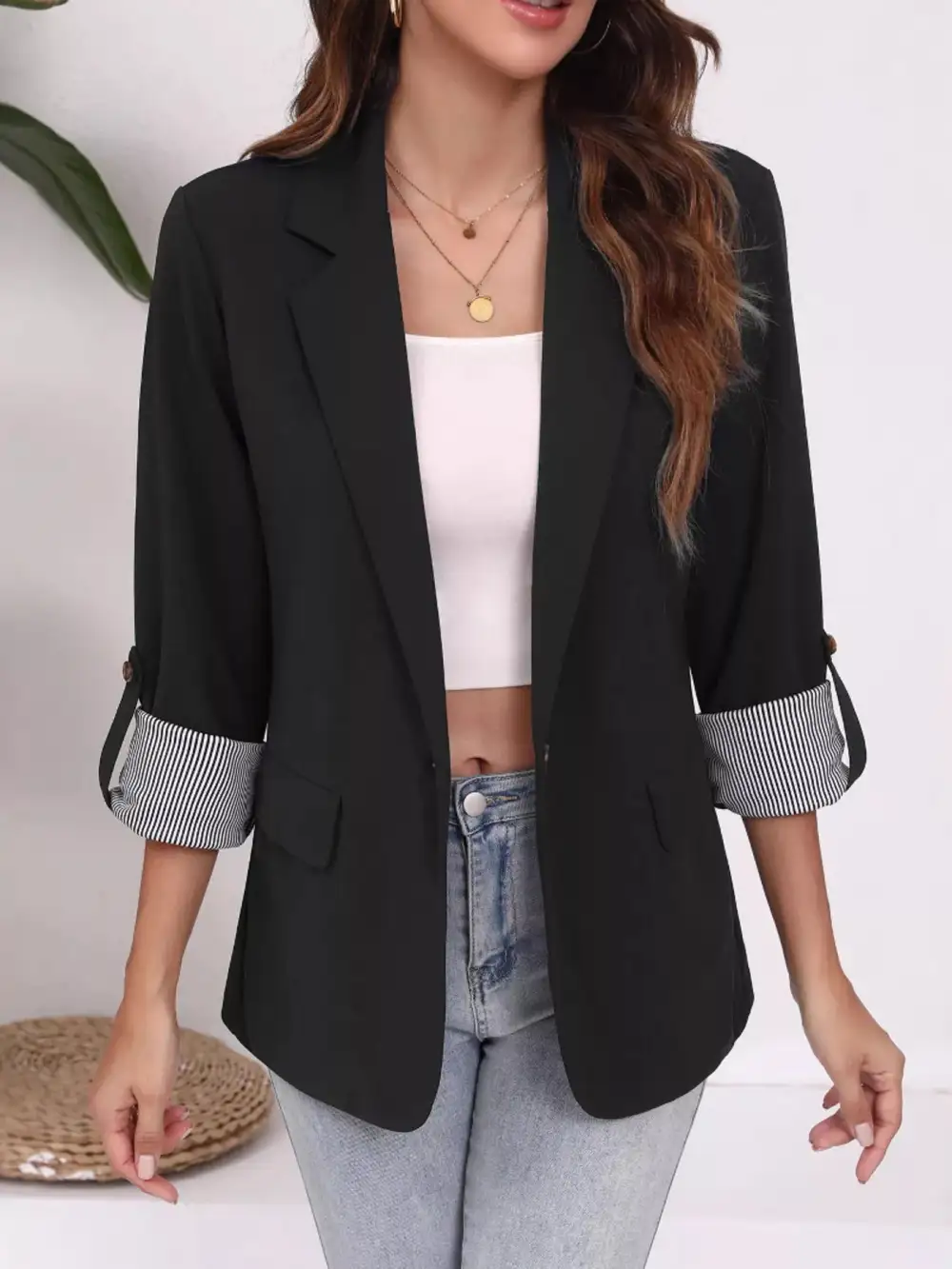Lapel Collar Roll Up Sleeve Blazer