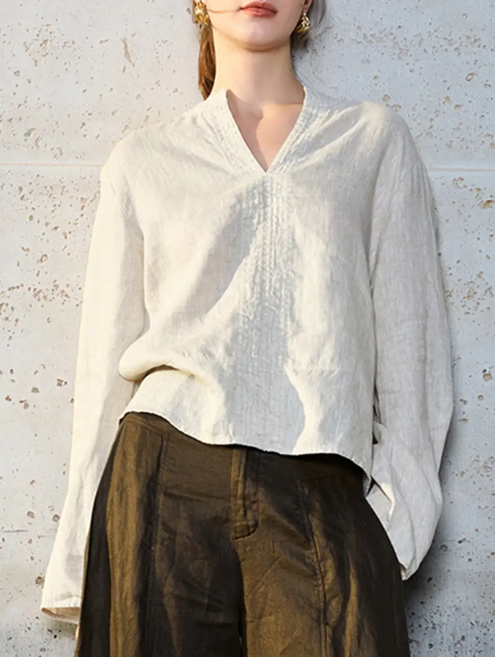 Pure Linen V Neck Long Sleeve Work Tee