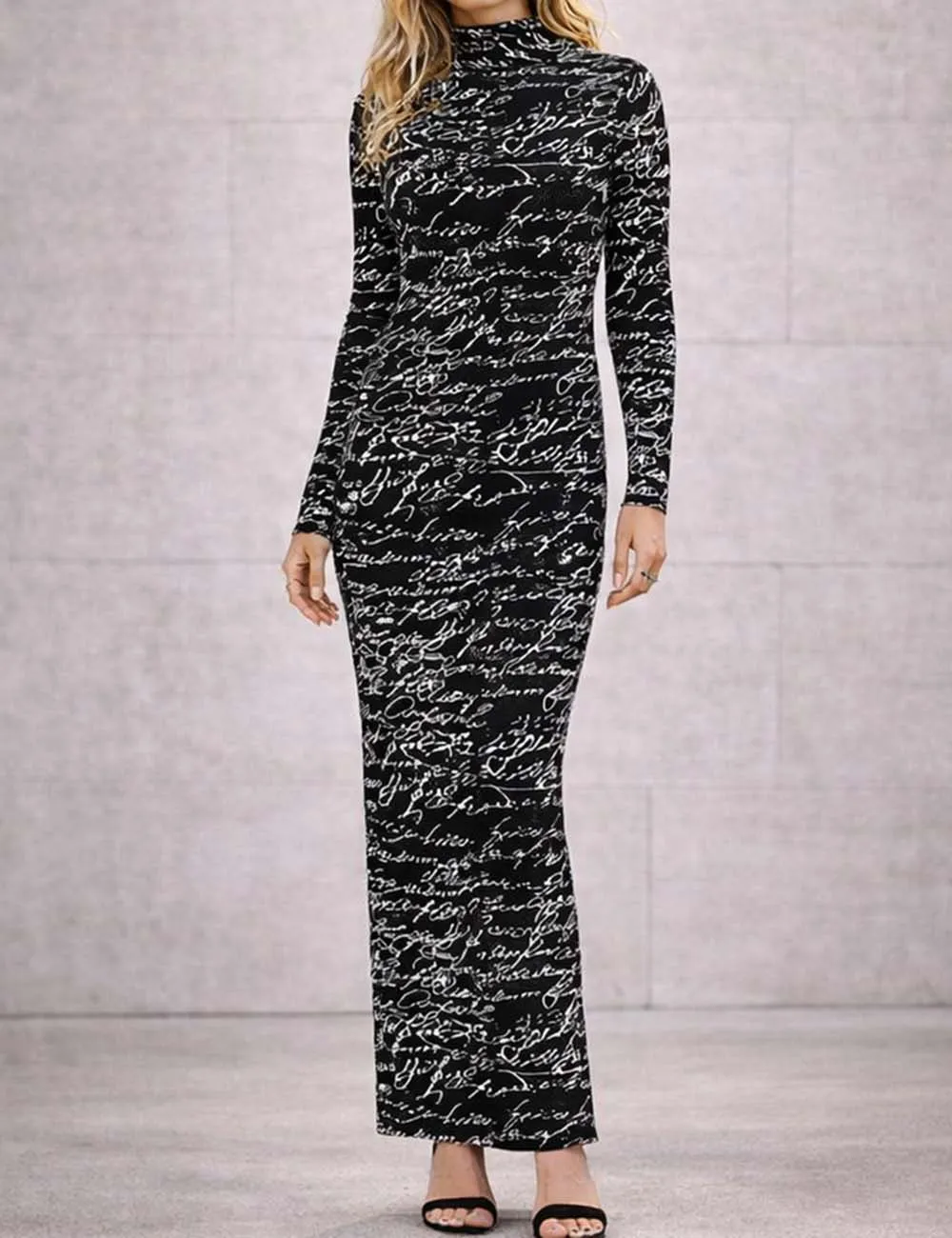 Mock Neck Letter Pattern Long Sleeves Bodycon Maxi Dress