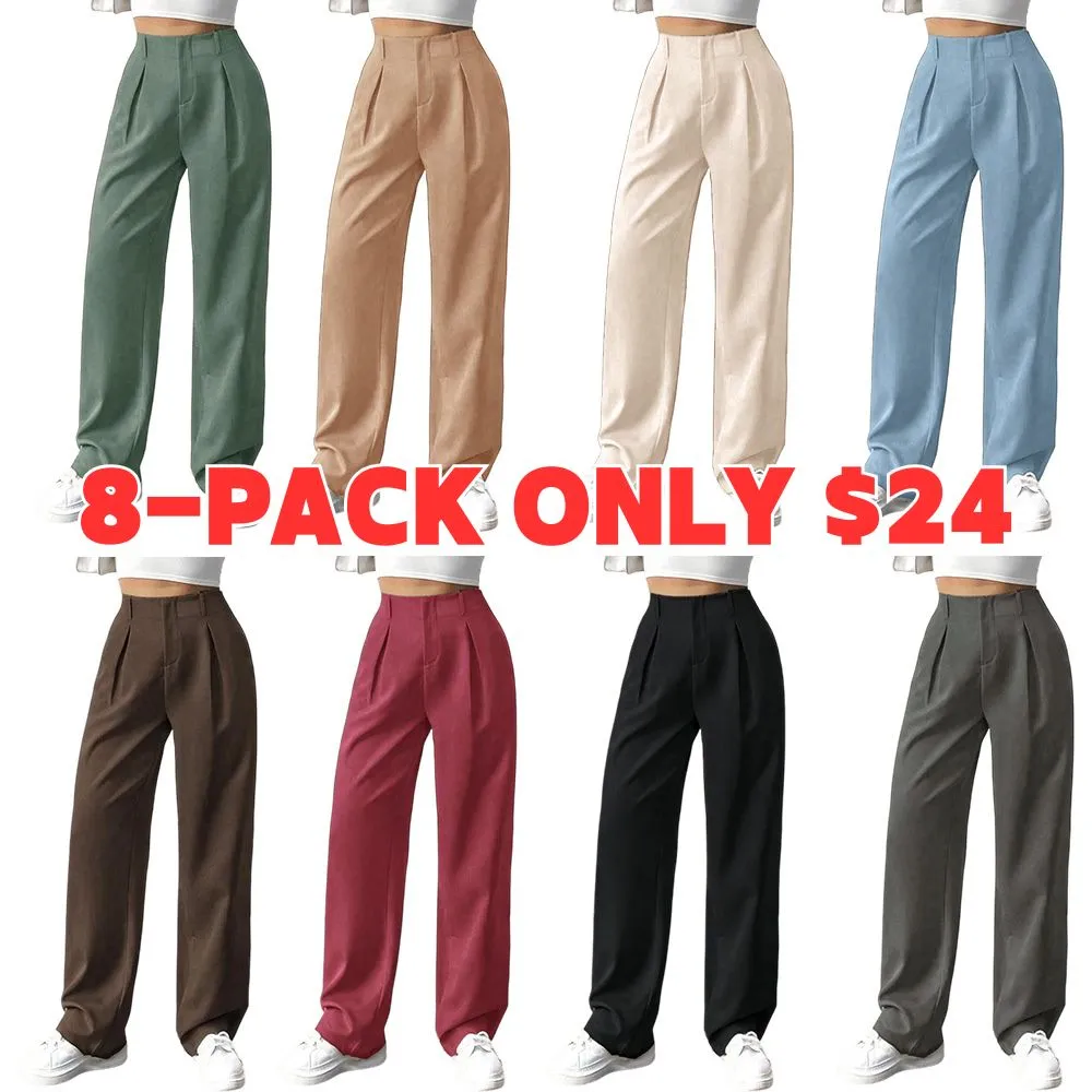 Women's Solid Color Plicated Pocket Wide Leg Pants, Elegant Zipper Fly Trousers for Work Office Business, Ladies Spring & Fall Clothes