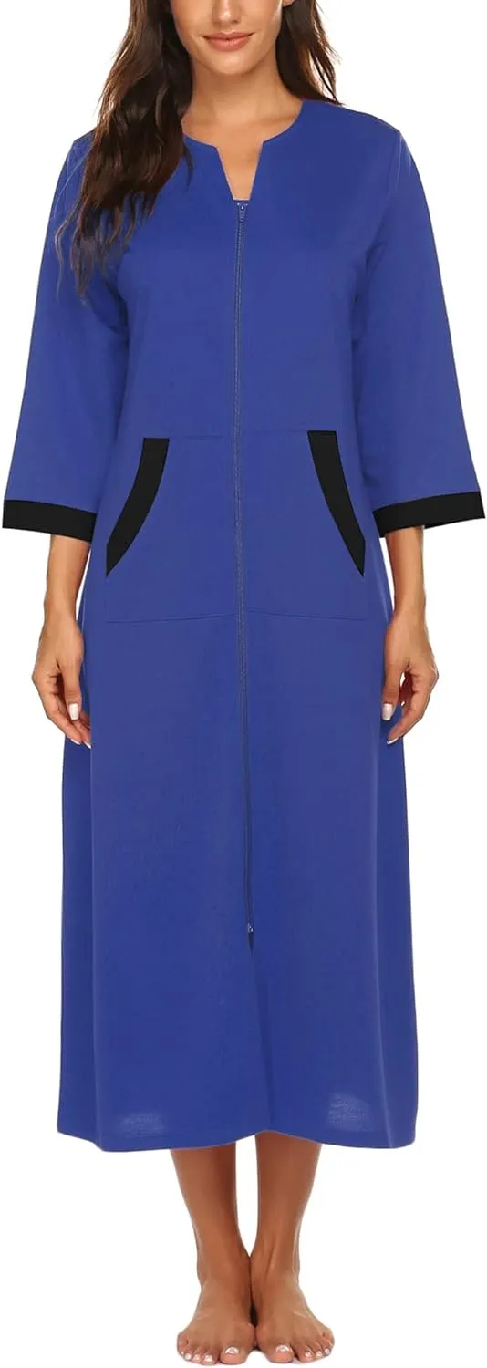 50% OFF Women Zipper Robe 3/4 Sleeves Loungewear Dress Full Length Sleepwear Pockets Housecoat Nightgown Long Bathrobe