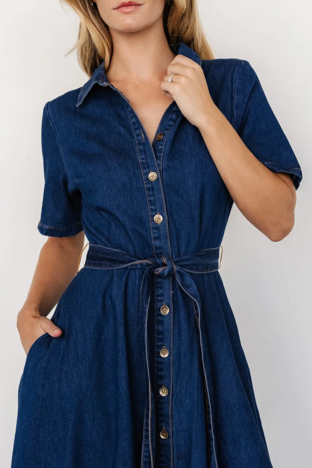 Minimalist Vintage Denim Blue Belt High Waist Dress