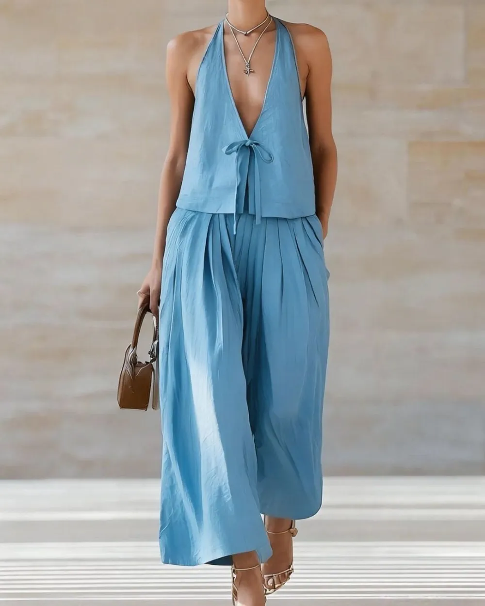 Sleeveless Vest and Wide-Leg Pants Set Two-Piece Lace-Up Outfit