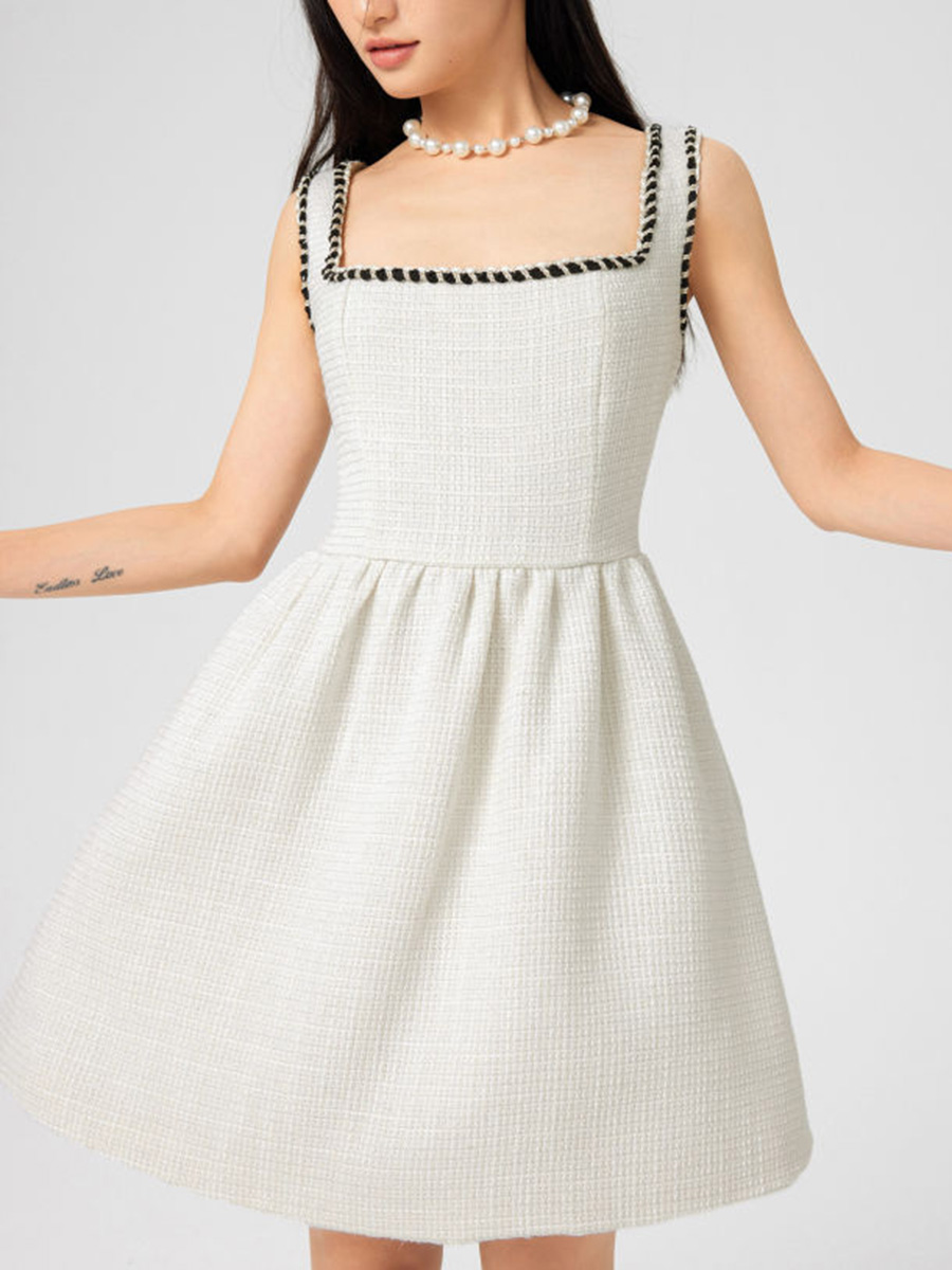 Tweed U-Neckline Solid Mini Dress