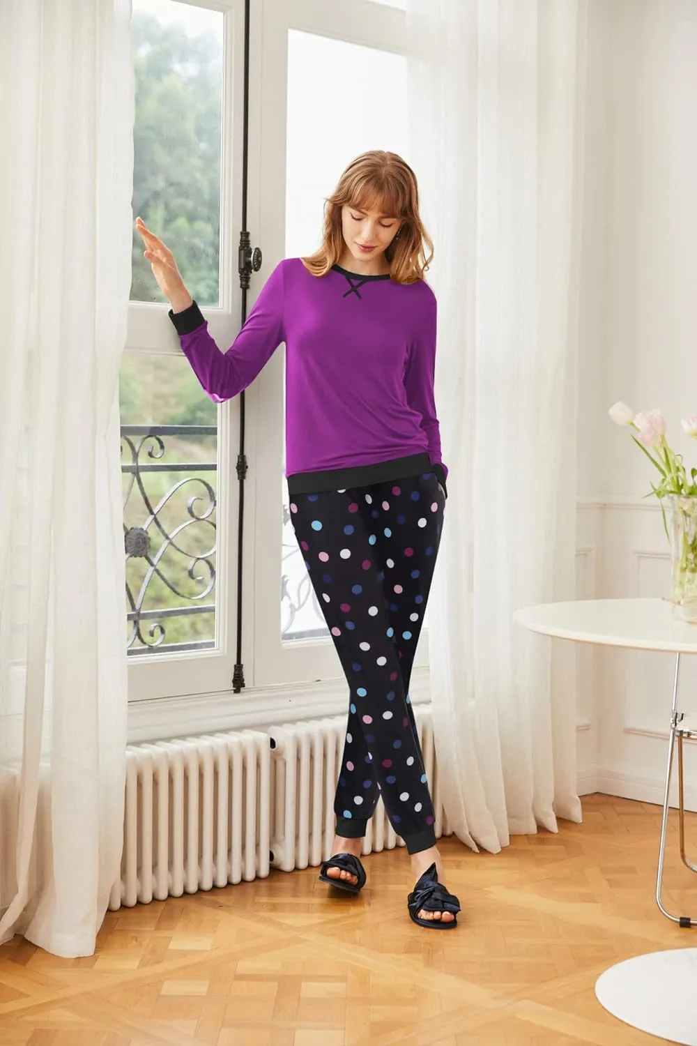 Women's Pajamas Sets Long Sleeve with Plaid Pants Soft Sleepwear O Neck 2 Piece Pjs Joggers Loung Set with Pockets