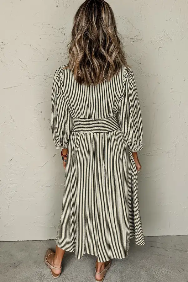 Balanced Detail Striped V Neck Zip Front Midi Dress