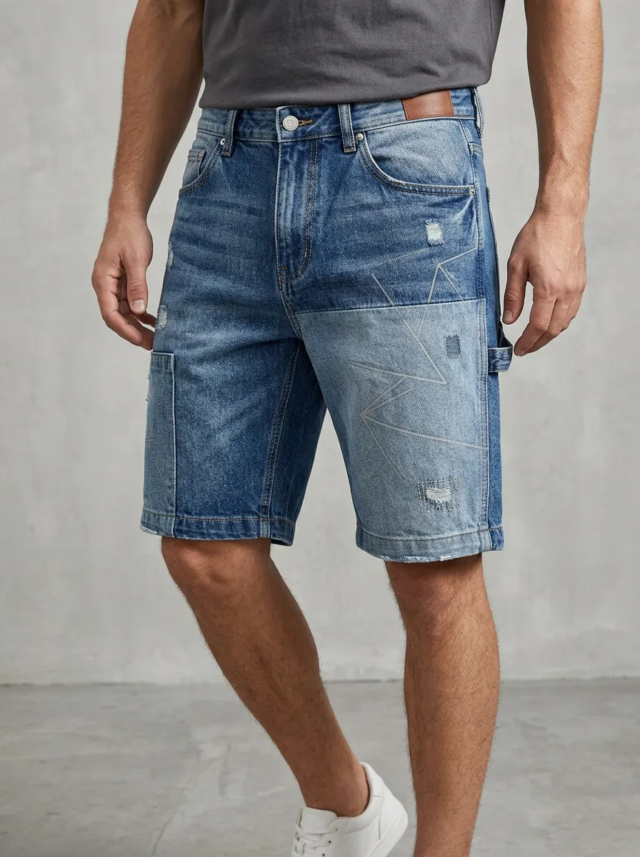 Men's Geometric Distressed Line Graphic Distressed Denim Shorts