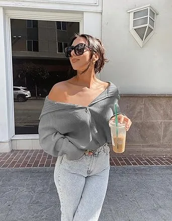 🔥Last day promotion⏰Women's 2525 Quarter Zip Pullover V Neck Collar Long Sleeve Ribbed Knit Loose Casual Sweater