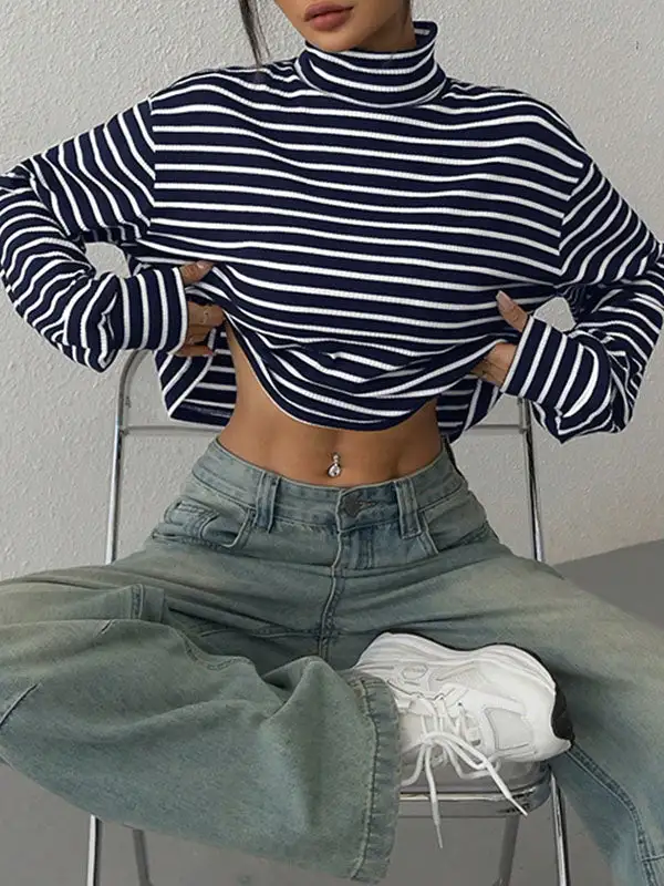 Long Sleeve Relaxed Contrast Panel Detail Stripe High Neck T-Shirt