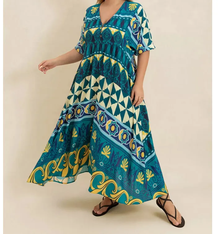 Plus Size Printed V-neck Half Sleeve Midi Dress