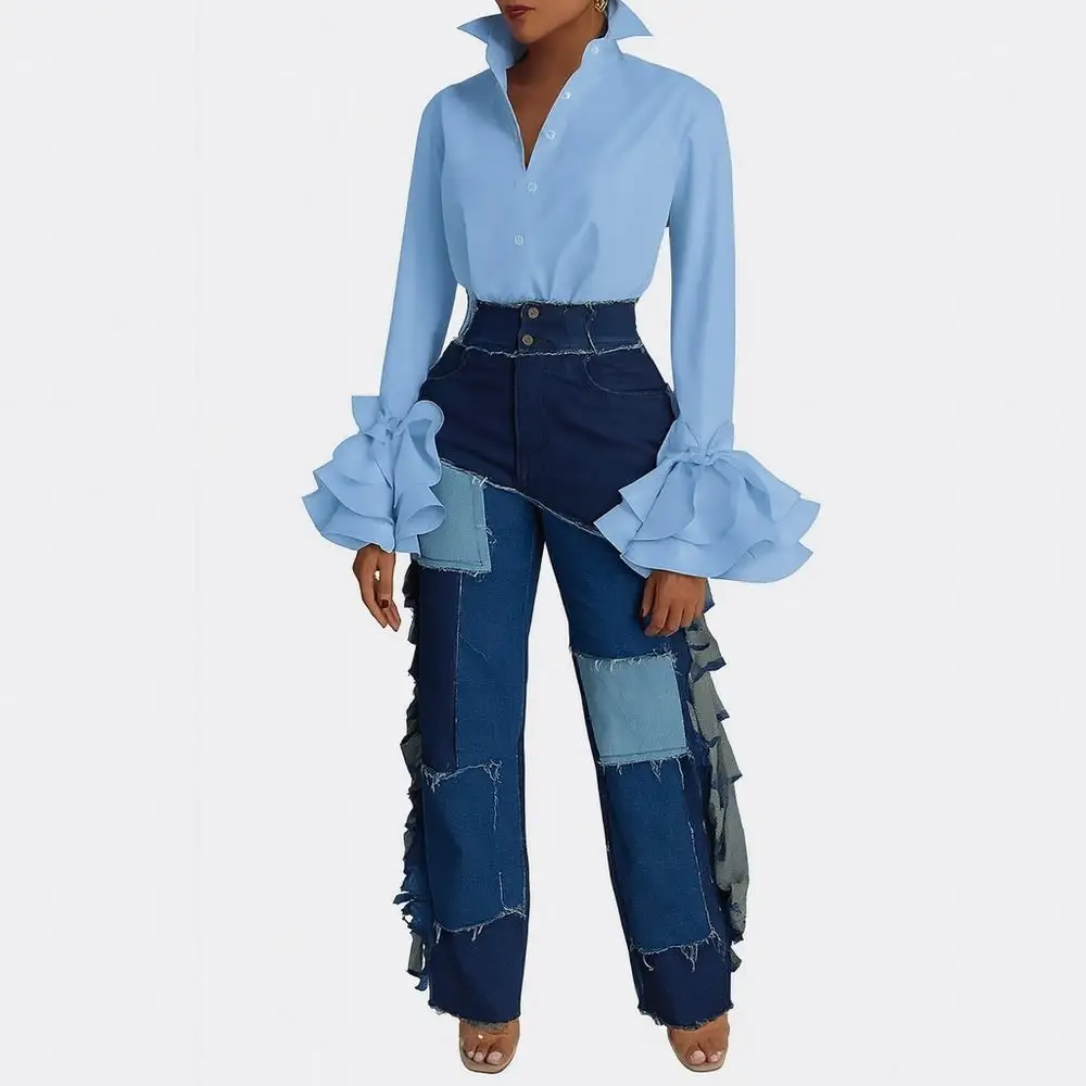 Fringe Drama Patchwork Jeans High Waist Flare Denim In Plus