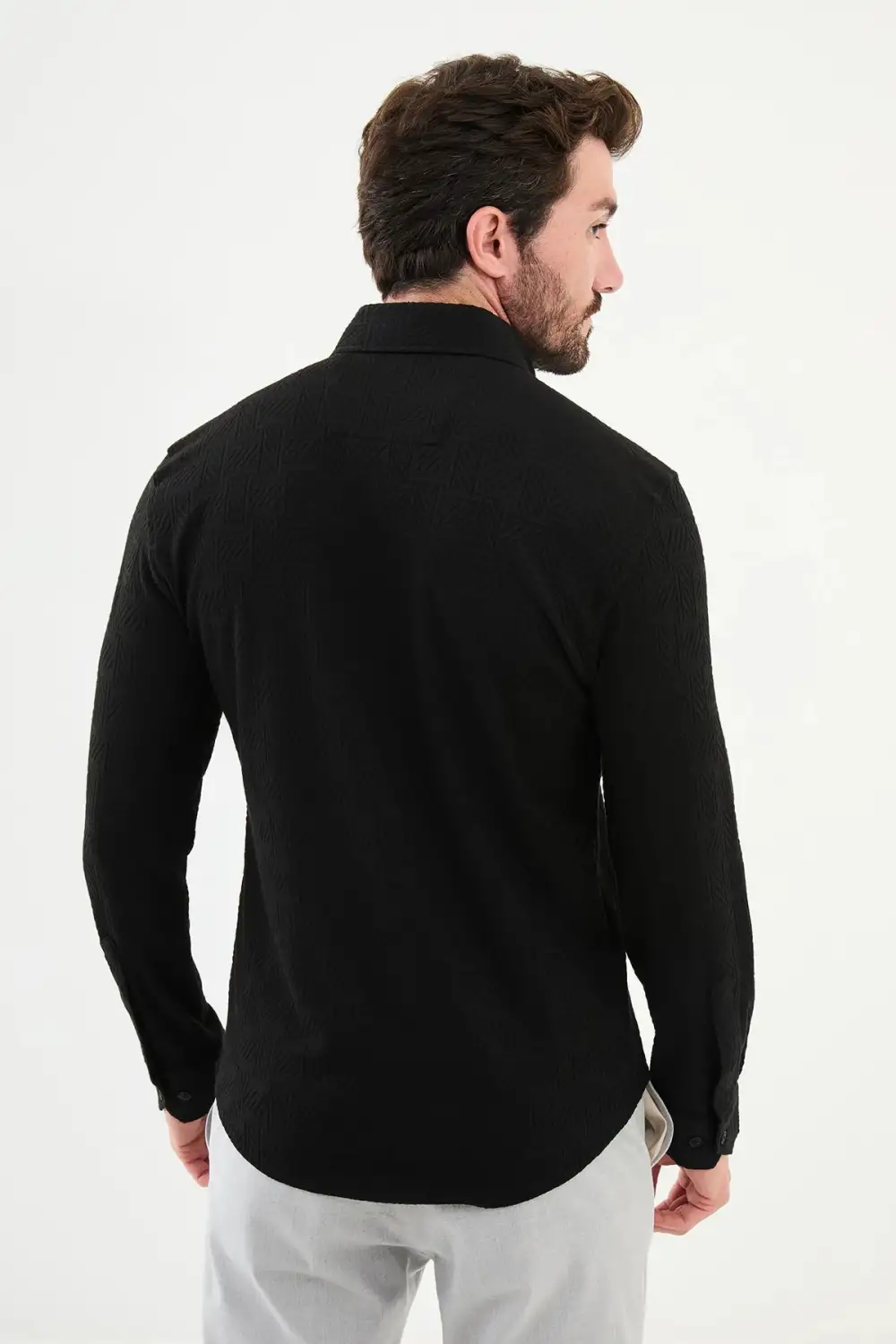 Textured Hidden Button Slim Cotton Shirt