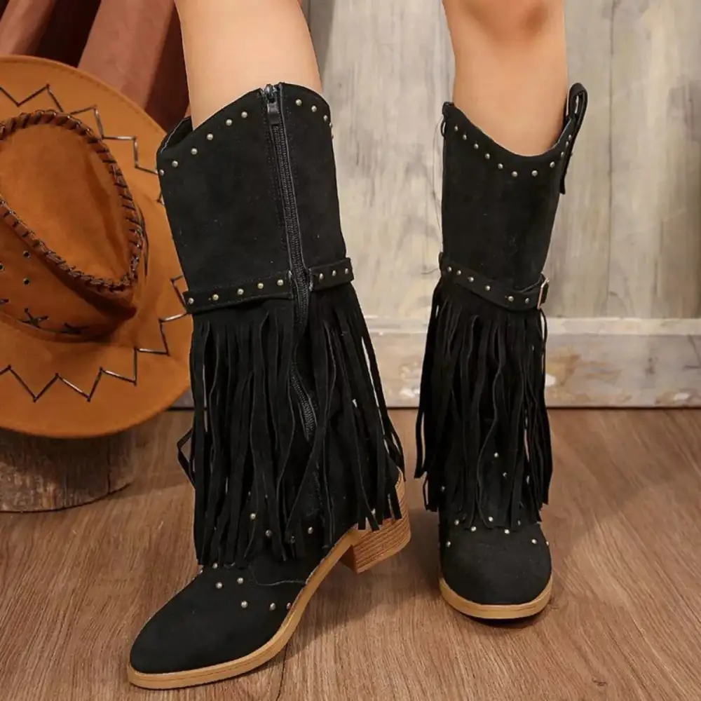 Refined Fringe Point Toe Block Heels Boots