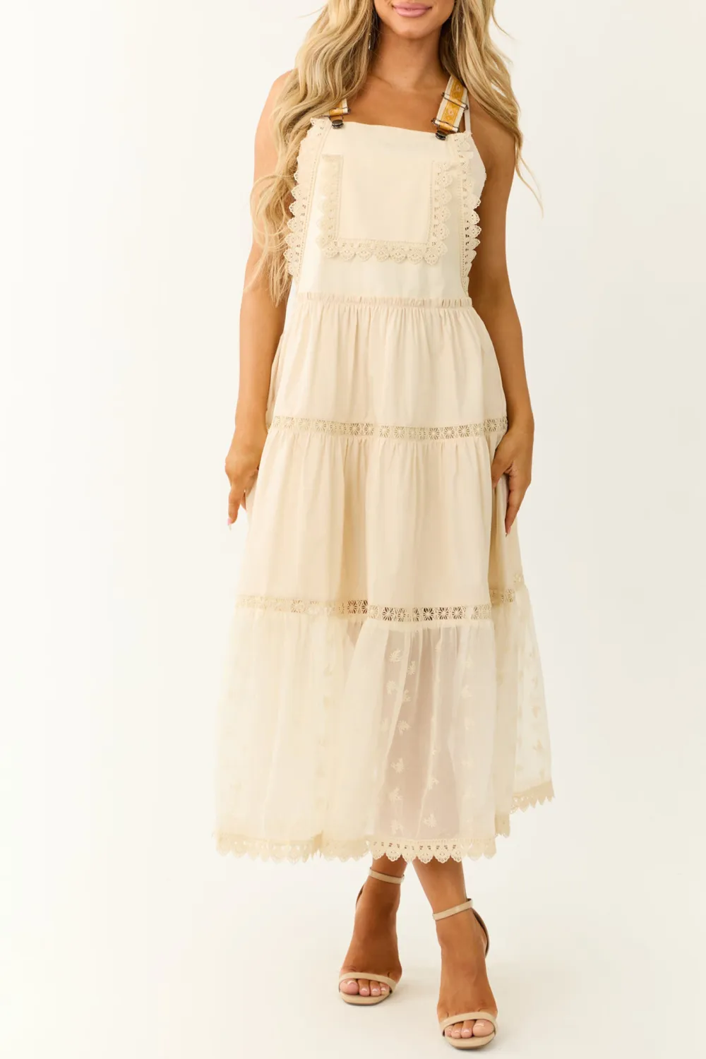 Almond Lace Tiered Overalls Maxi Dress