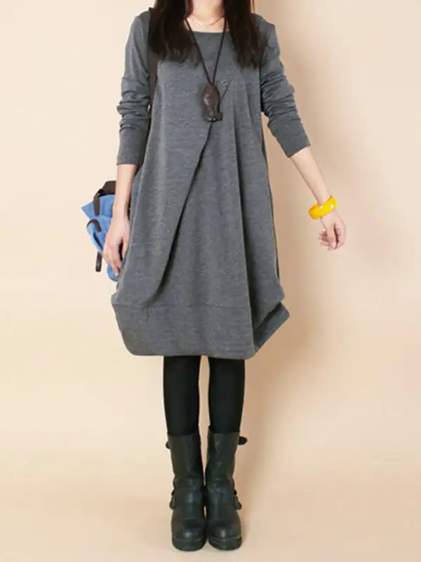 A Line Long Sleeve Pleated Solid Color Round Neck Dress Maxi