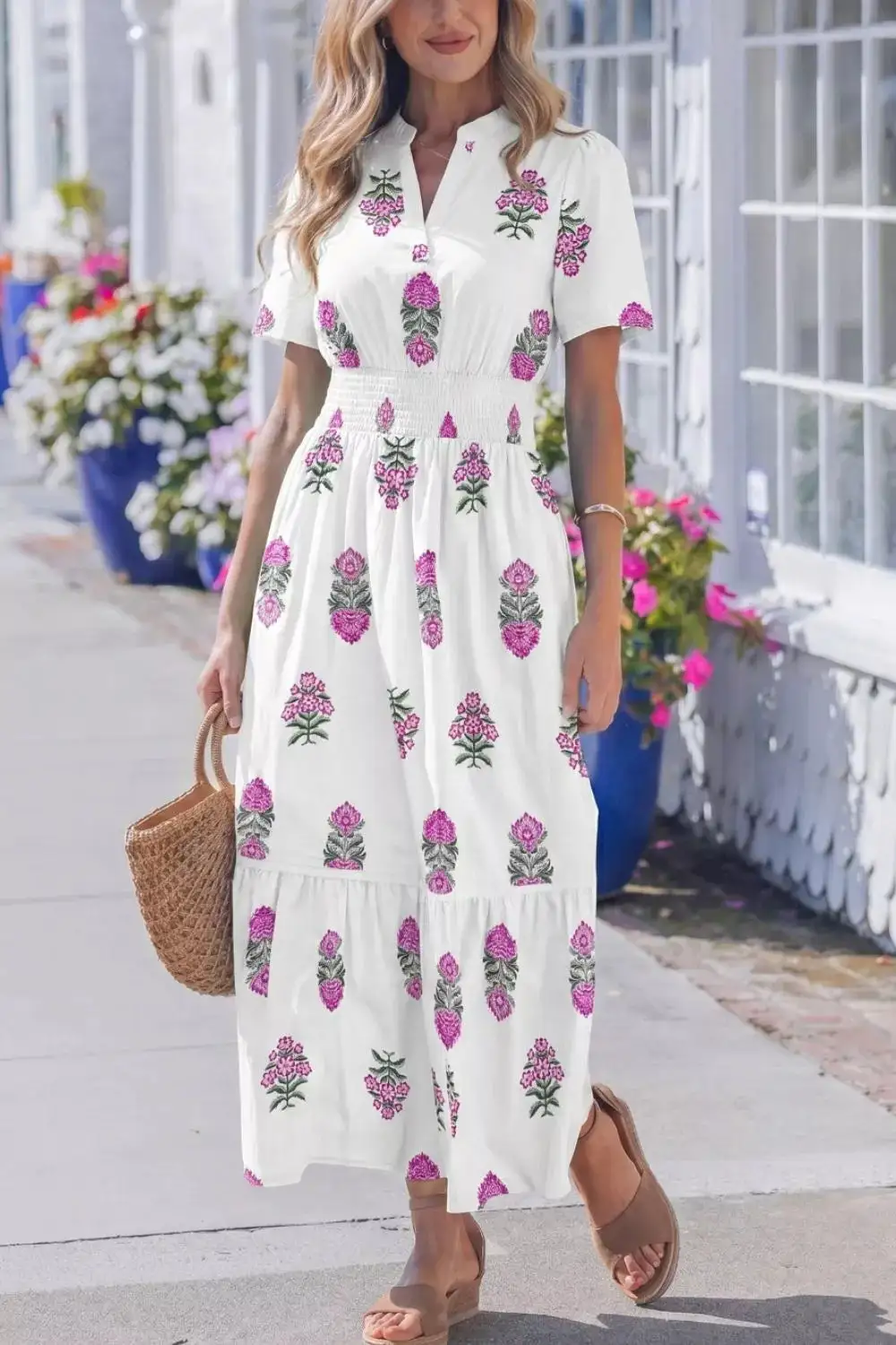 Print Split Neck Shirred High Waist Ruffle Hem Midi Dress