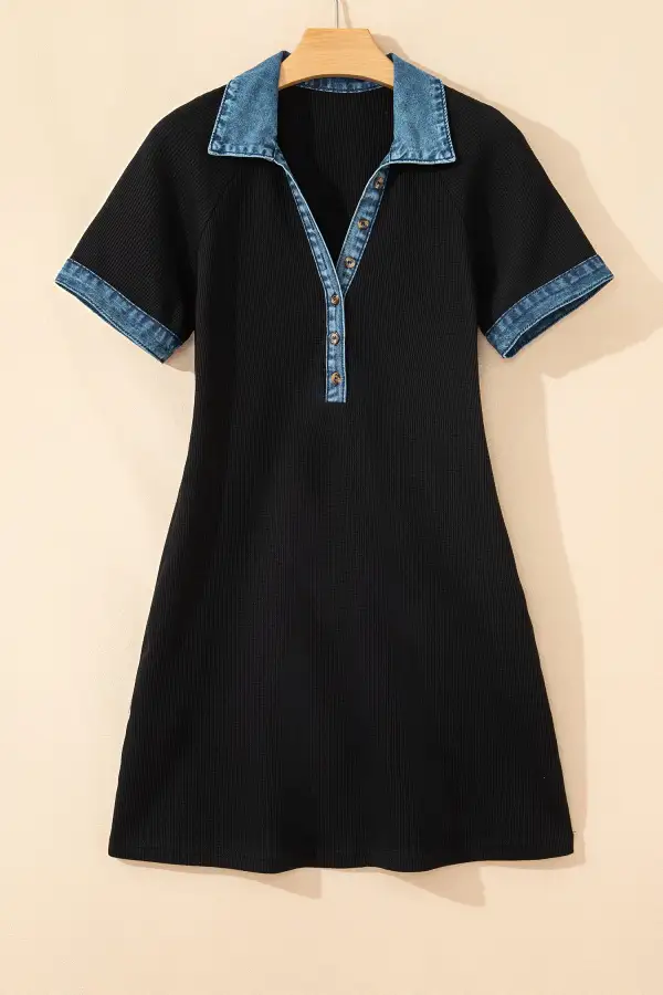 Structured Shape Patchwork Denim Knit Sweater Dress