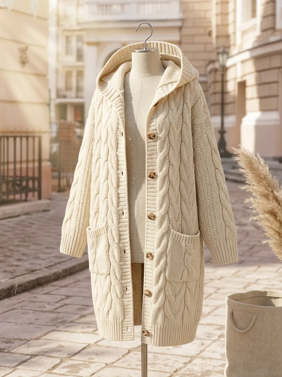 Refined Cable-Knit Button-Front Women's Hooded Knit Cardigan