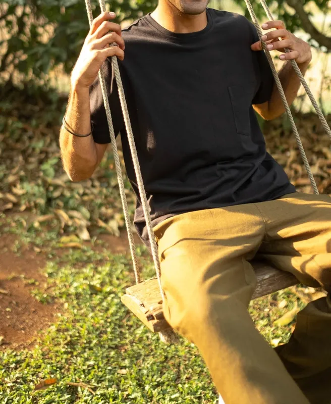 Black Cotton Pocket Crew Neck T-Shirt