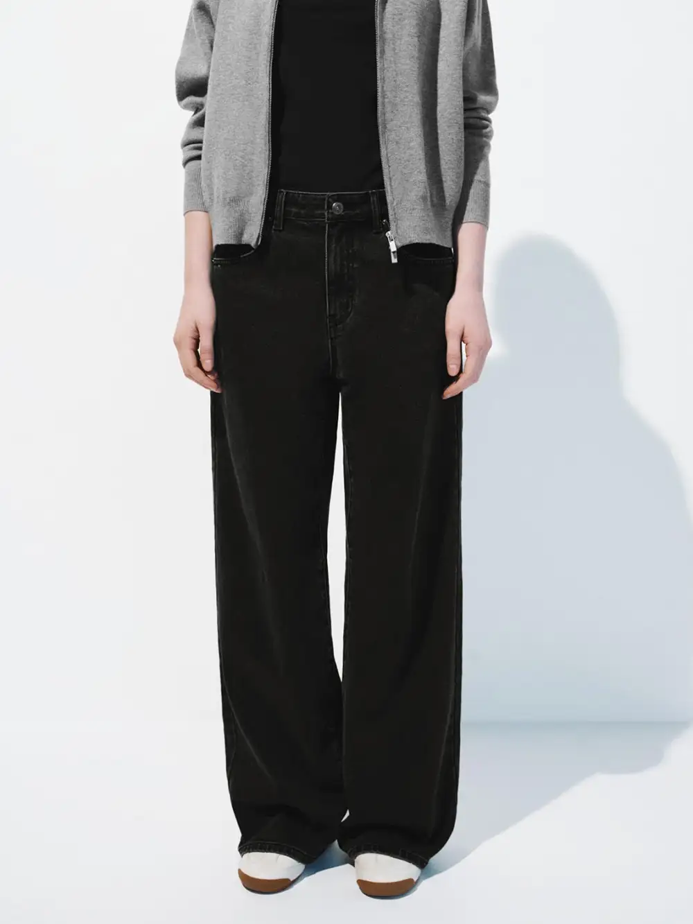 Ladies's Black Casual Denim Wide-Leg Trousers