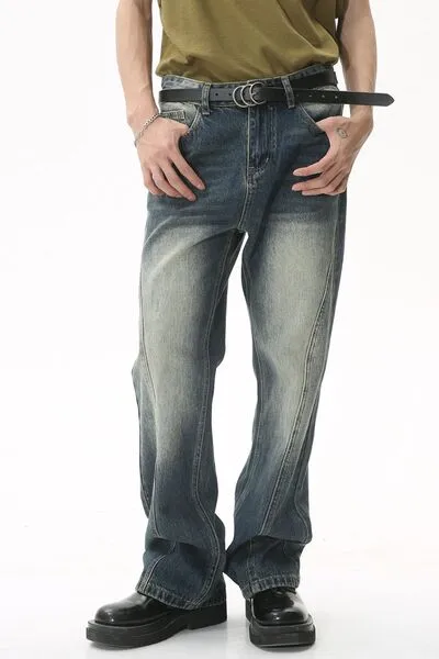 Easygoing Washed Pocketed Stretch Straight Leg Jeans