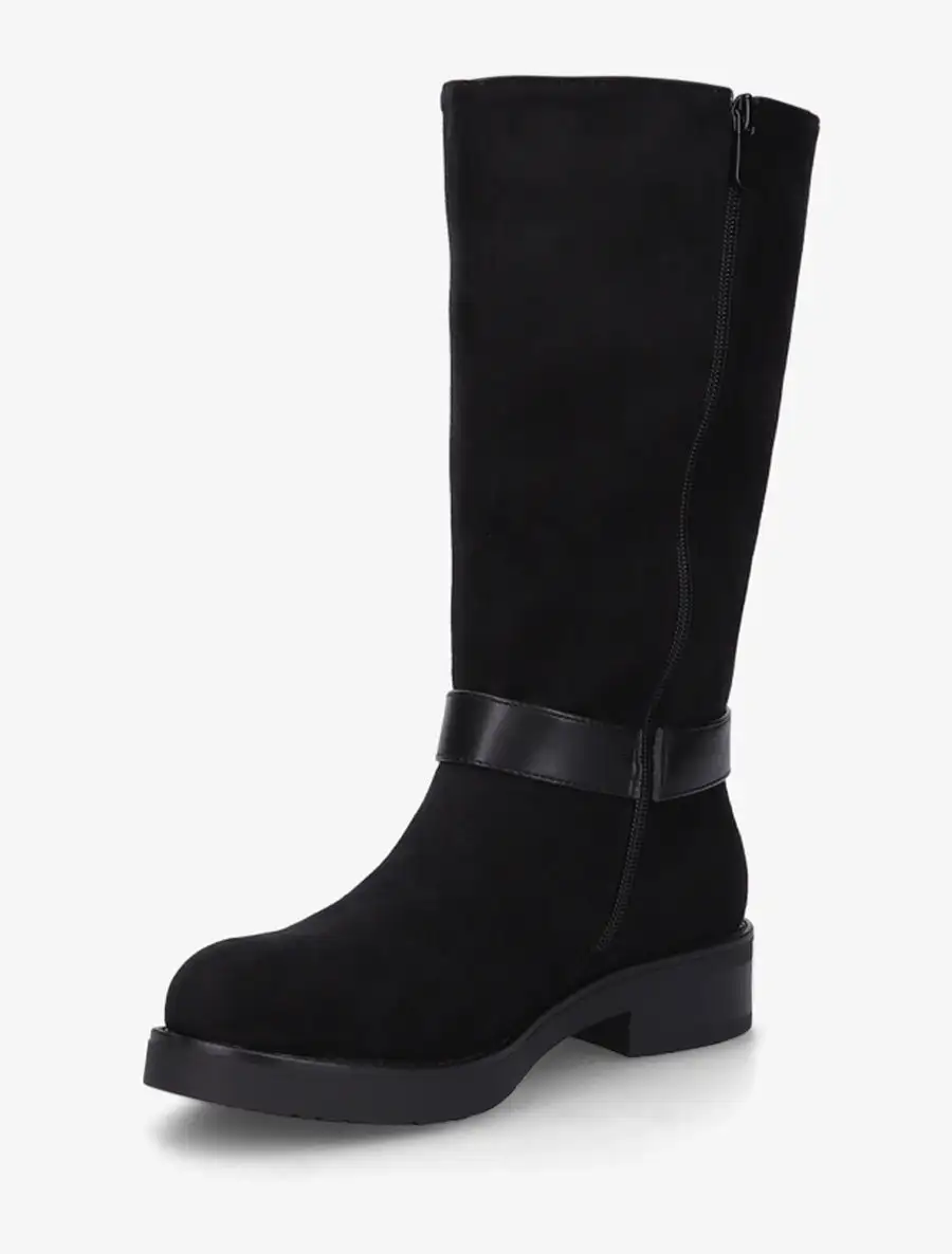 Classic Strap Detail Block Heel Faux Suede Knee High Boots