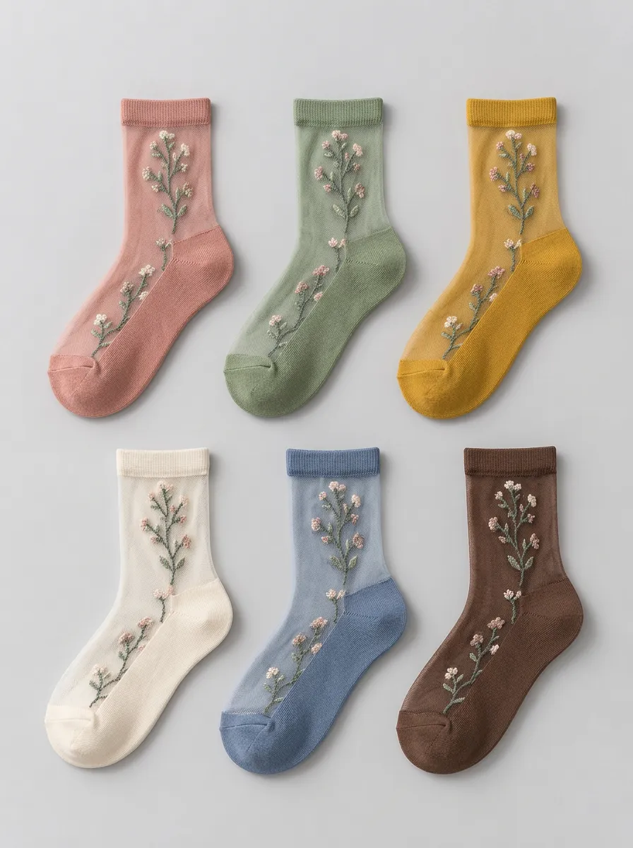 Women's Multicolor Floral Embroidered Sheer Crew Sheer Mesh Socks 6-Pack