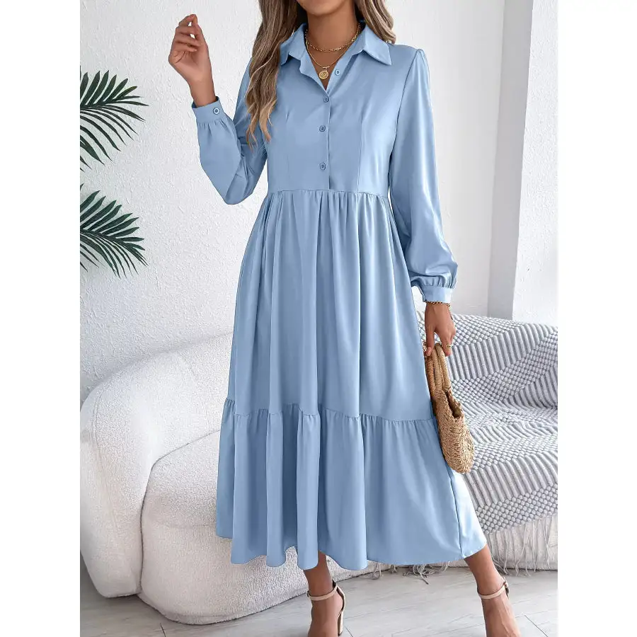 Long Sleeve Tiered Button Front Midi Dress