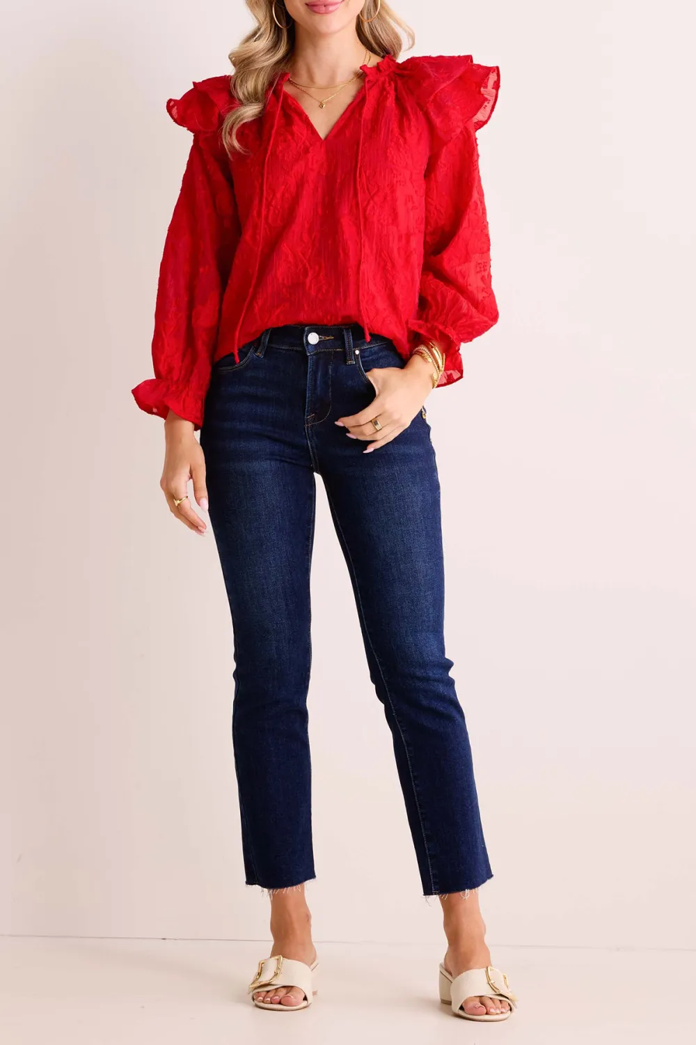 Red Ruffled Sleeve V-Neck Long Sleeve Blouse