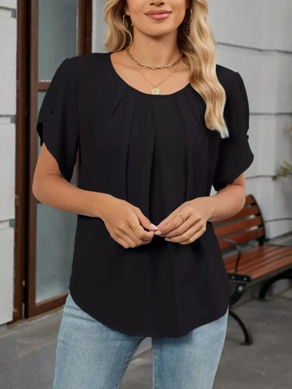 Elegant Pleated Flowy Short Sleeve Blouse