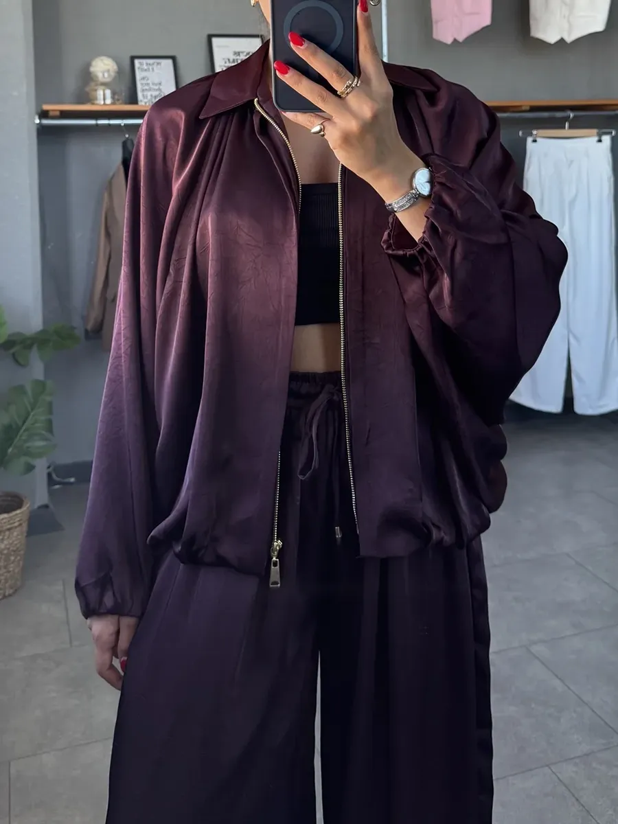 Women's solid color cross-section design casual zipper cardigan & pants set