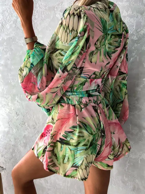 Woven Floral Long Sleeved V Neck Shorts