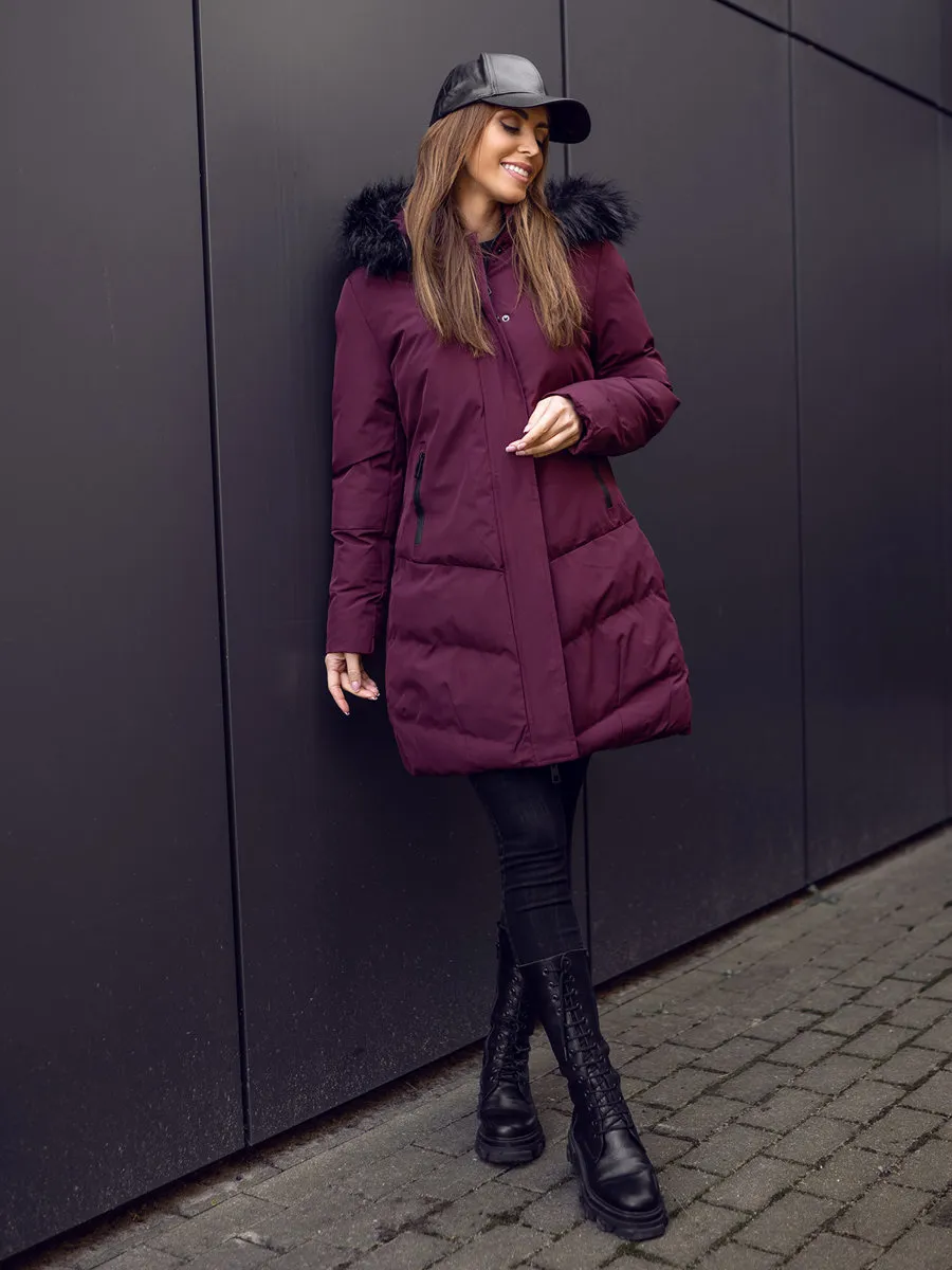 Wine Women's Quilted Winter Jacket With Hood