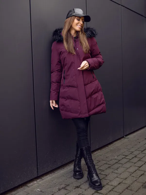 Wine Women's Quilted Winter Jacket With Hood
