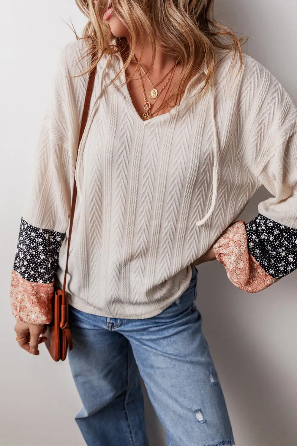 Refined Floral Patchwork Textured Knit Drawstring V Neck Blouse
