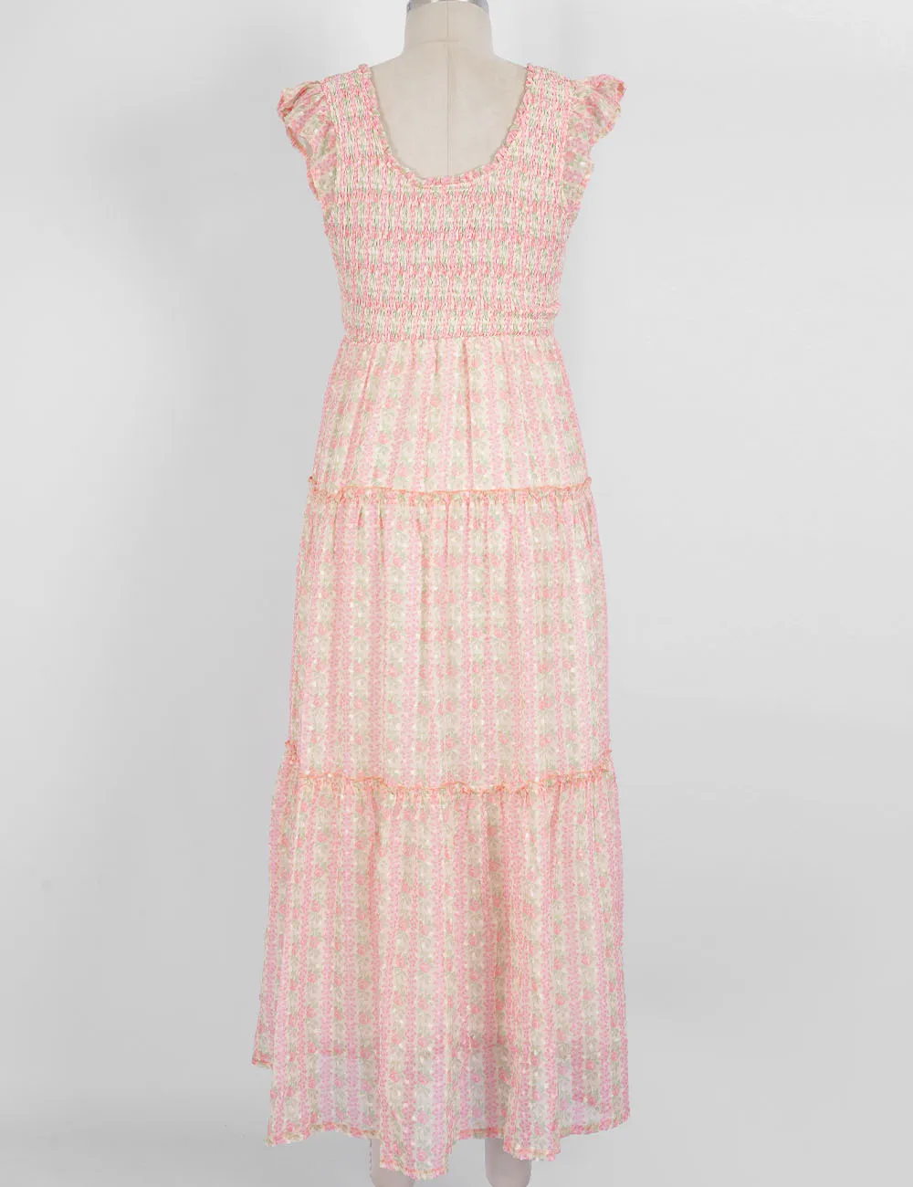 Ruffle Sleeves Tiered Hem Smocked Maxi Dress