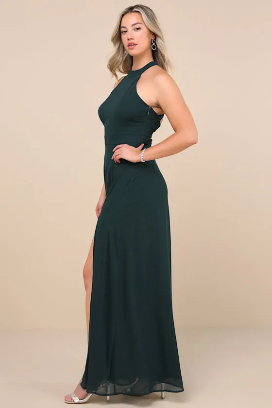 Confidently Charismatic Emerald Backless Halter Maxi Dress