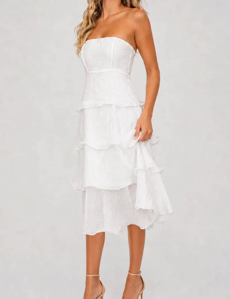 Chic Crinkle Strapless Tiered Ruffle Tube Midi Dress
