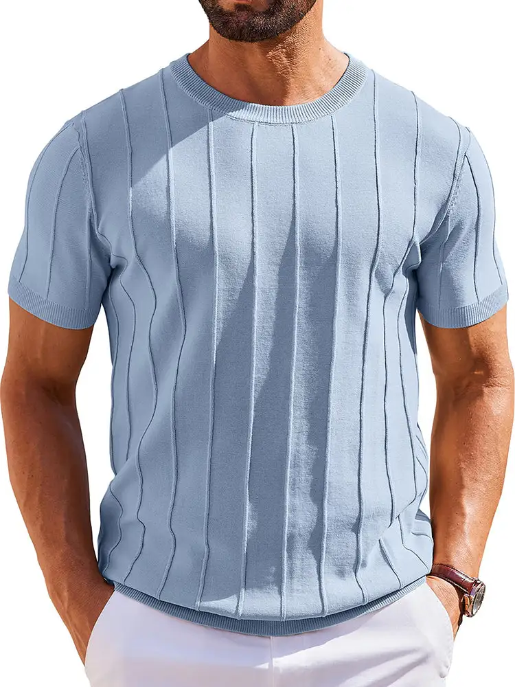 Casual Short Sleeve Ribbed Knit Pullover Tee