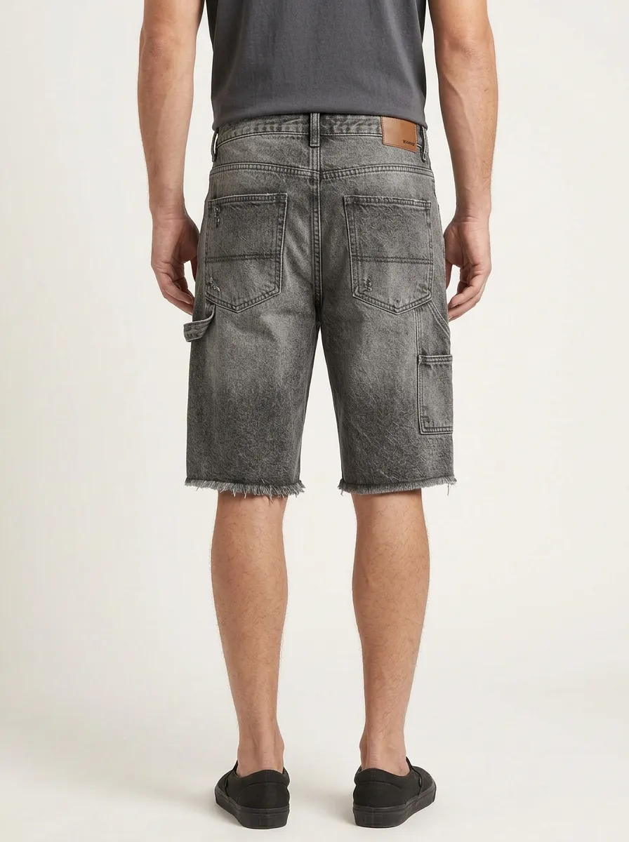 Mobility-Focused Streetwear Patchwork Field Style Men's Distressed Raw Hem Denim Shorts